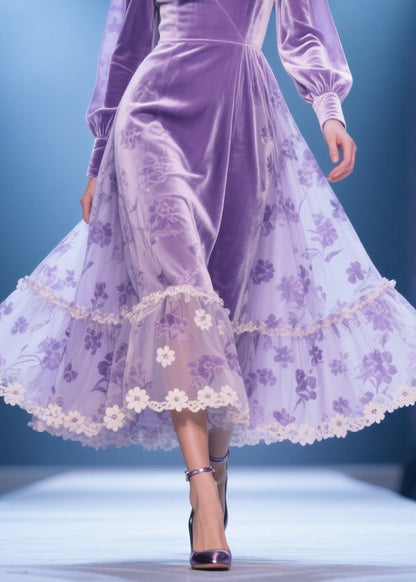 Purple Silk Velvet Lace Floral Print High Waist Party Dress V Neck Spring