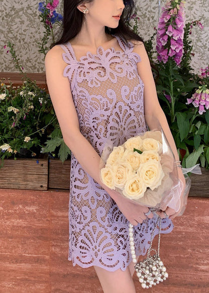Purple Solid Lace Spaghetti Strap Dress Hollow Out Summer