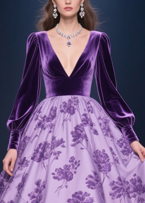 Purple Solid Silk Velvet Patchwork Print Lace Floral Long Dress V Neck Spring