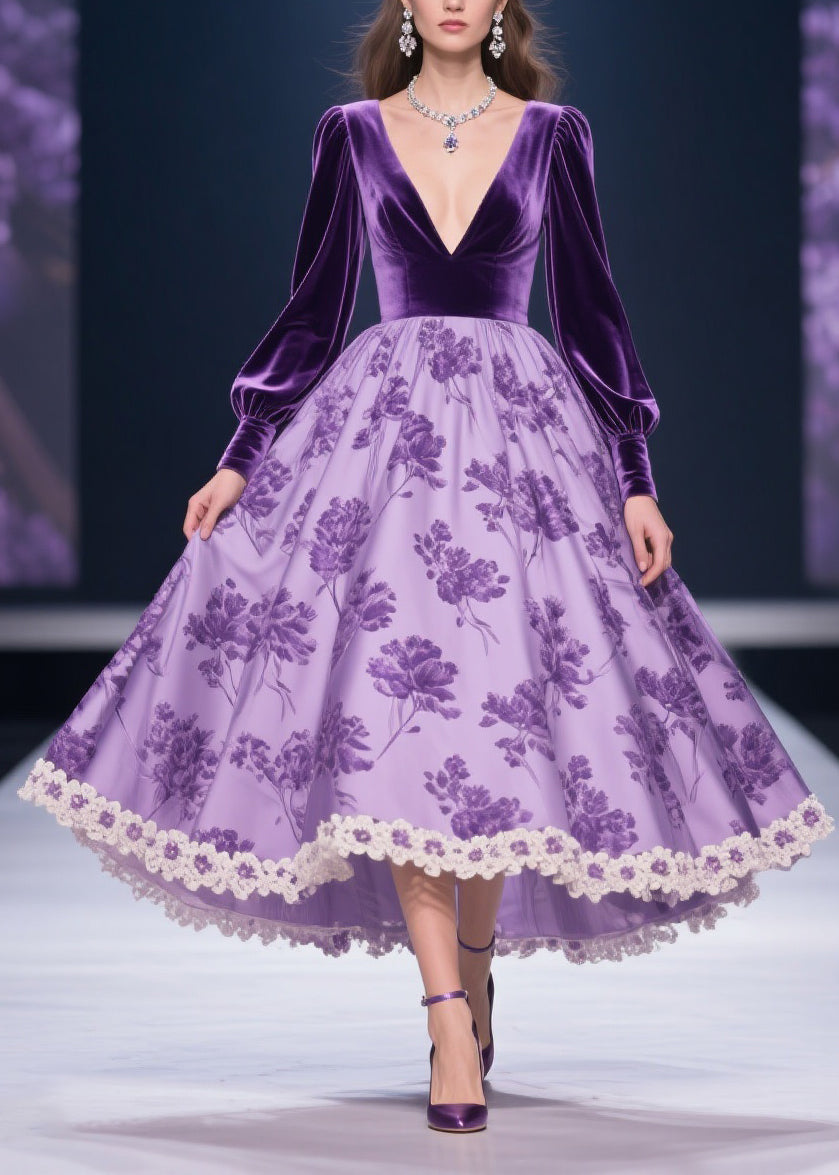 Purple Solid Silk Velvet Patchwork Print Lace Floral Long Dress V Neck Spring