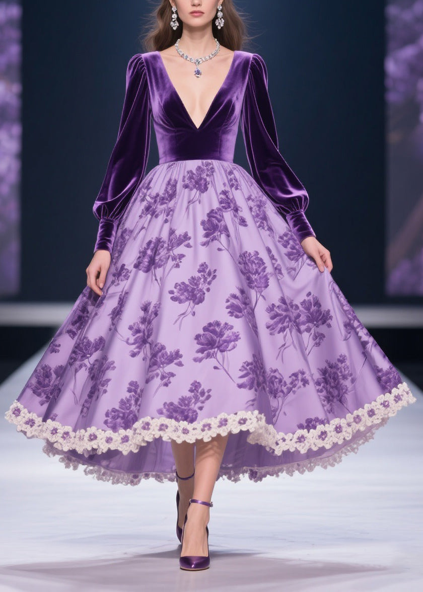 Purple Solid Silk Velvet Patchwork Print Lace Floral Long Dress V Neck Spring