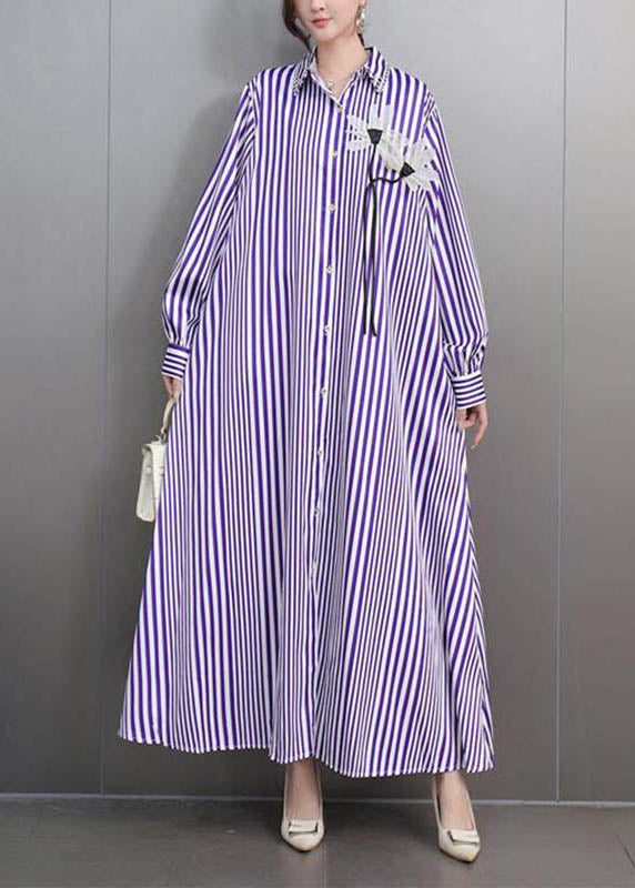 Purple Striped Button Party Long Dress Fall
