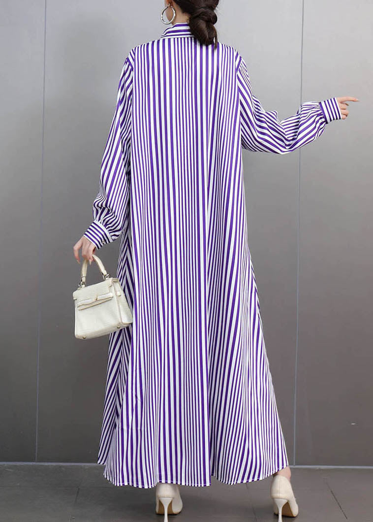 Purple Striped Button Party Long Dress Fall
