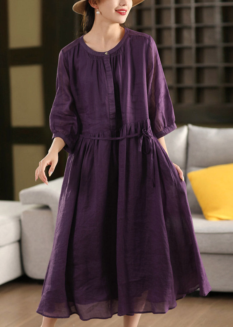 Purple Wrinkled Tie Waist Solid Linen Holiday Maxi Dress Summer