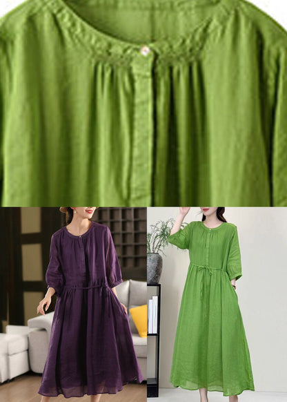 Purple Wrinkled Tie Waist Solid Linen Holiday Maxi Dress Summer