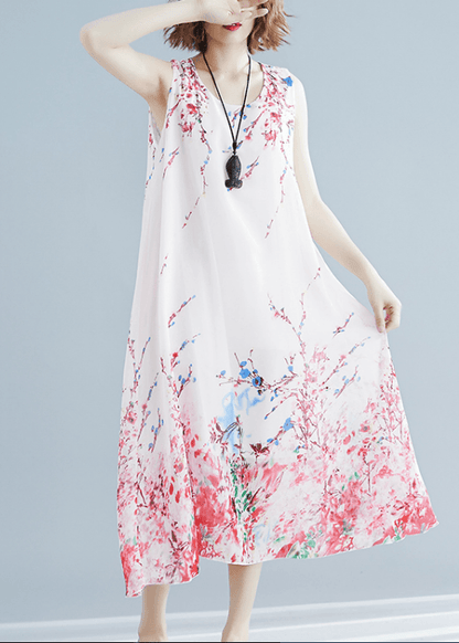 French O Neck Sleeveless Tunic Red Print Maxi Dresses - SooLinen