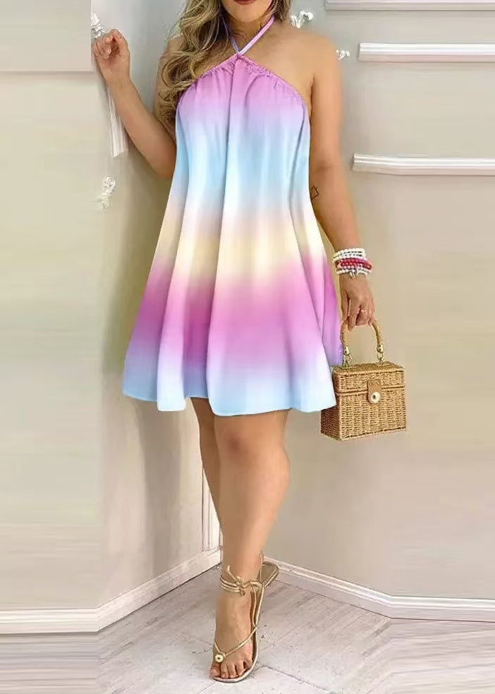 Rainbow Backless Cotton Tea Dress Sleeveless