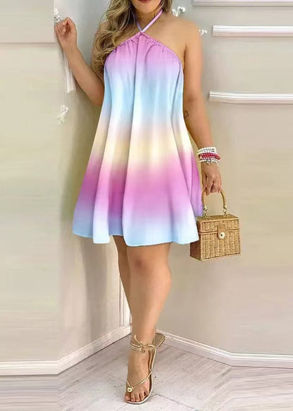 Rainbow Backless Cotton Tea Dress Sleeveless