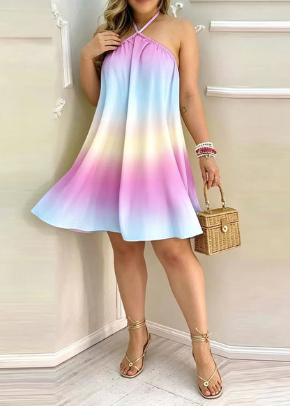 Rainbow Backless Cotton Tea Dress Sleeveless