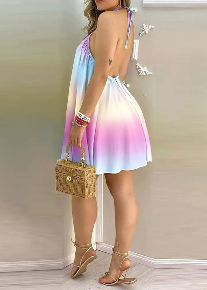 Rainbow Backless Cotton Tea Dress Sleeveless