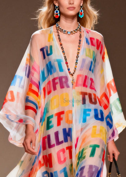 Rainbow Letter Print Chiffon Beach Dress Oversized Summer