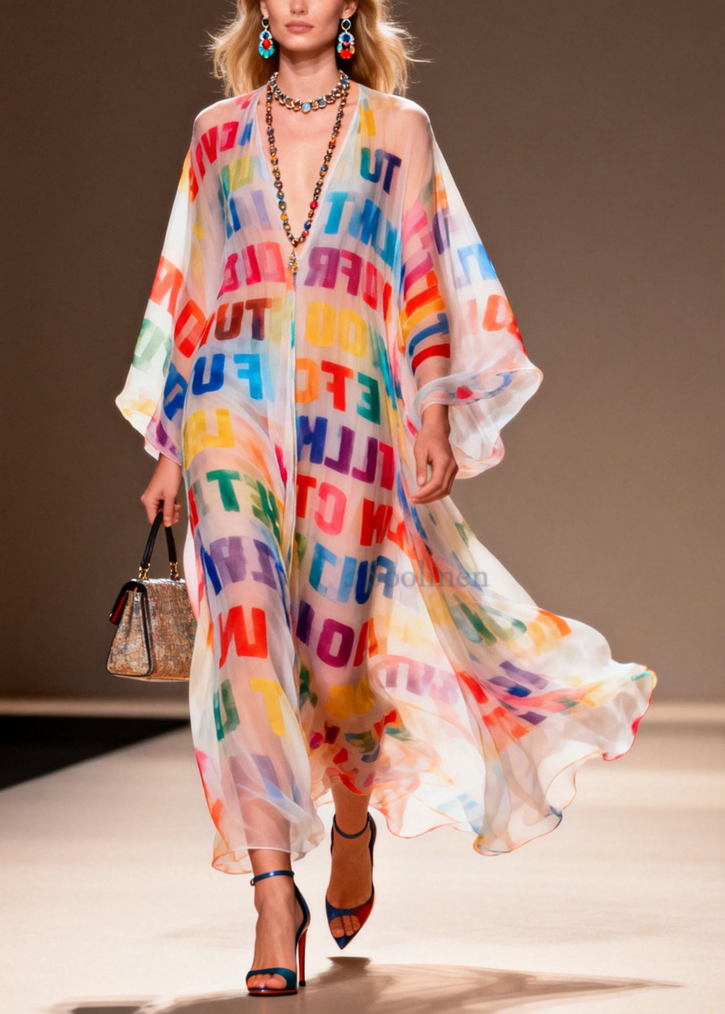 Rainbow Letter Print Chiffon Beach Dress Oversized Summer