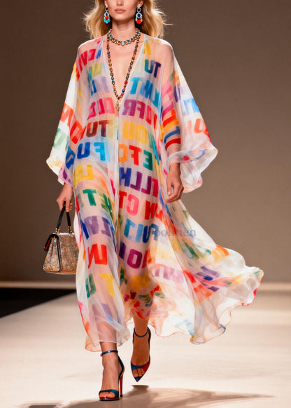 Rainbow Letter Print Chiffon Beach Dress Oversized Summer