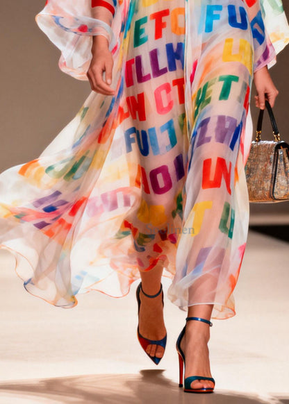 Rainbow Letter Print Chiffon Beach Dress Oversized Summer