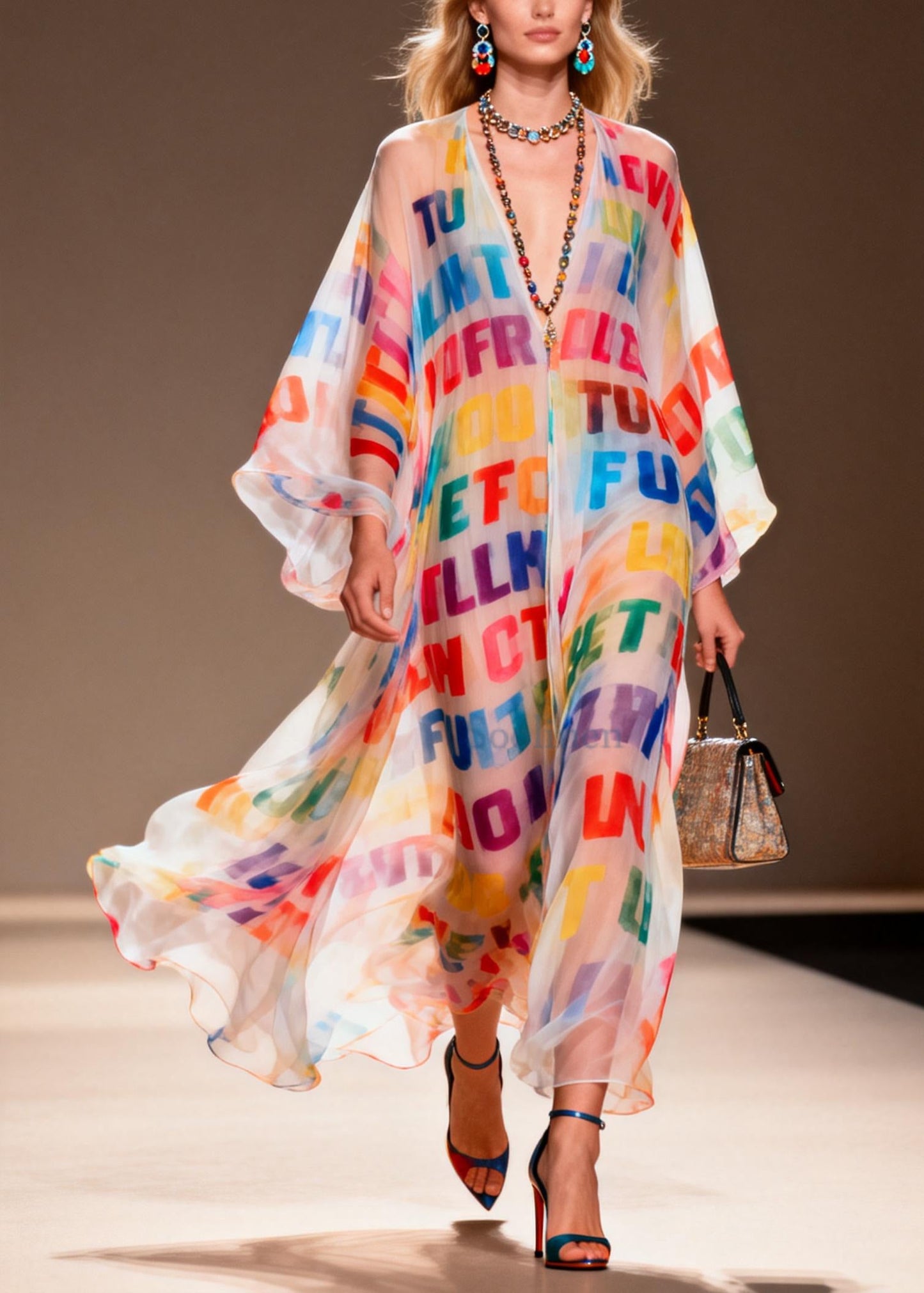 Rainbow Letter Print Chiffon Beach Dress Oversized Summer