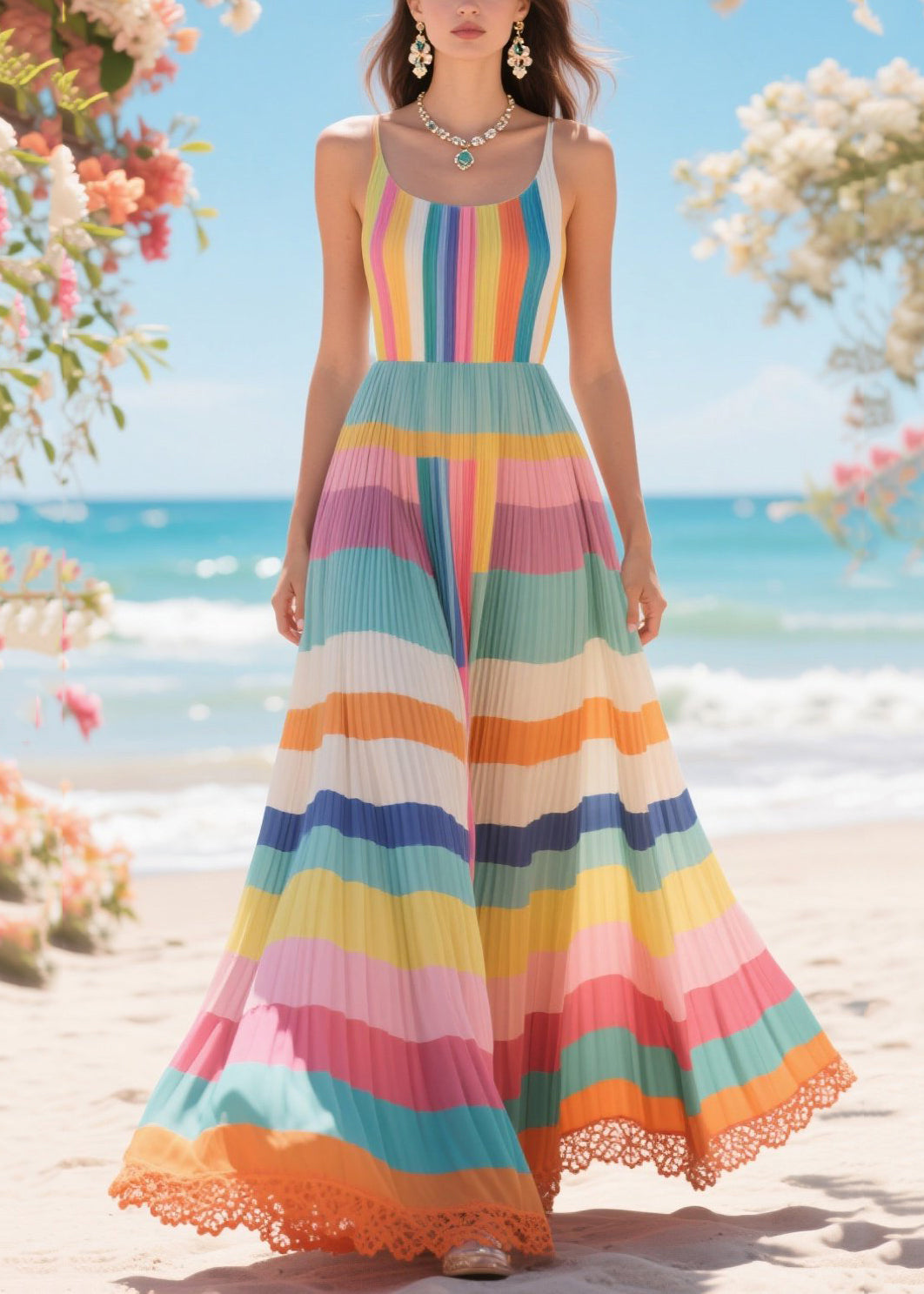 Rainbow Patchwork Lace Cotton Pleated Dresses Exra Large Hem Summer