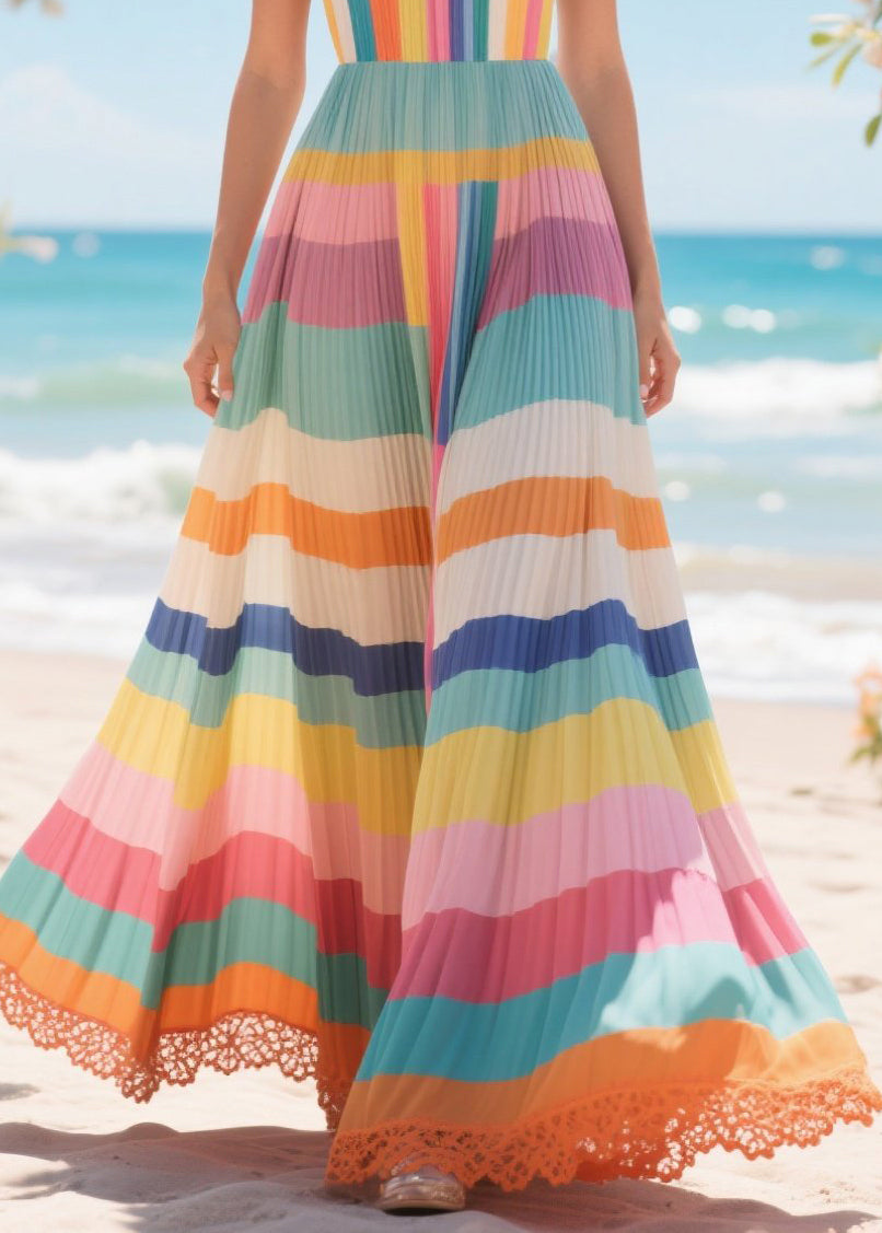 Rainbow Patchwork Lace Cotton Pleated Dresses Exra Large Hem Summer
