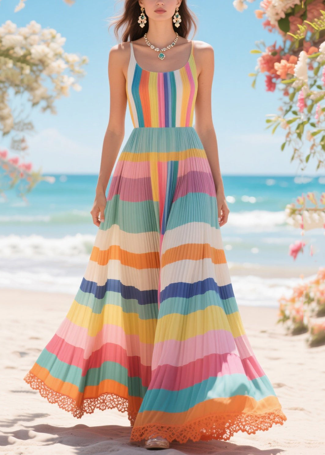 Rainbow Patchwork Lace Cotton Pleated Dresses Exra Large Hem Summer