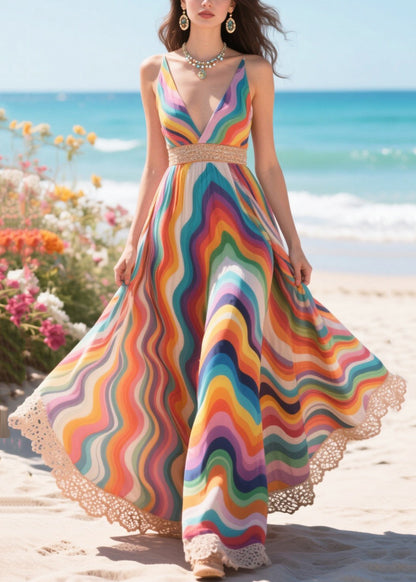 Rainbow Patchwork Lace Vacation Dresses Exra Large Hem Summer