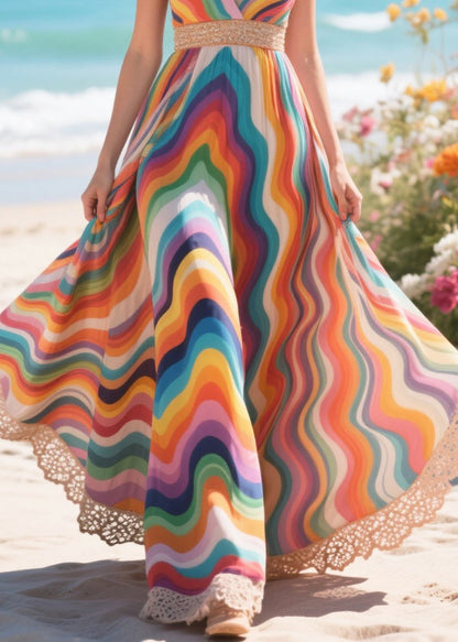 Rainbow Patchwork Lace Vacation Dresses Exra Large Hem Summer