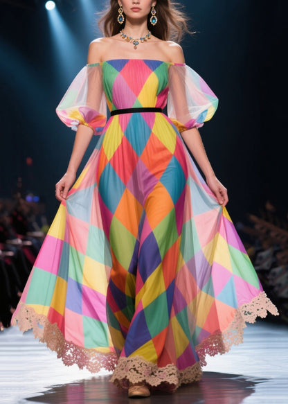 Rainbow Plaid Patchwork Lace Chiffon Ankle Dress Puff Sleeve