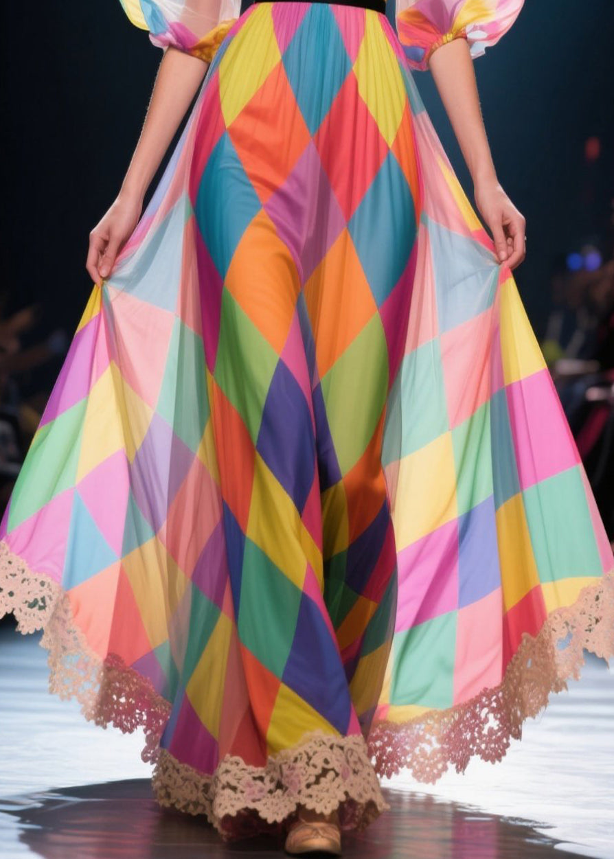 Rainbow Plaid Patchwork Lace Chiffon Ankle Dress Puff Sleeve