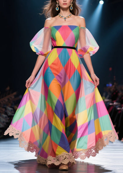 Rainbow Plaid Patchwork Lace Chiffon Ankle Dress Puff Sleeve