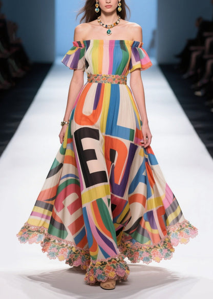 Rainbow Print Chiffon Strapless Dresses Cold Shoulder Summer