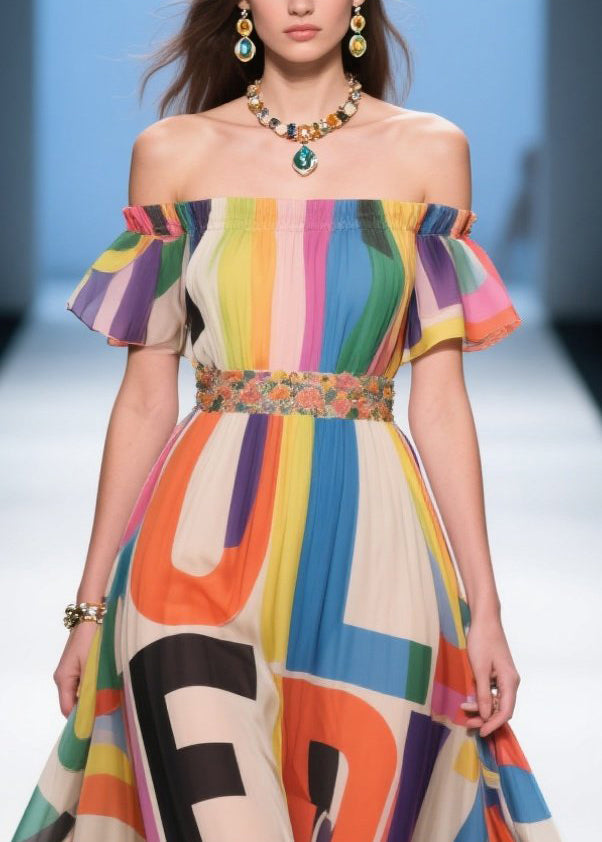 Rainbow Print Chiffon Strapless Dresses Cold Shoulder Summer