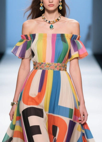 Rainbow Print Chiffon Strapless Dresses Cold Shoulder Summer