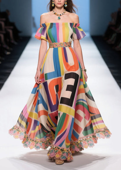 Rainbow Print Chiffon Strapless Dresses Cold Shoulder Summer