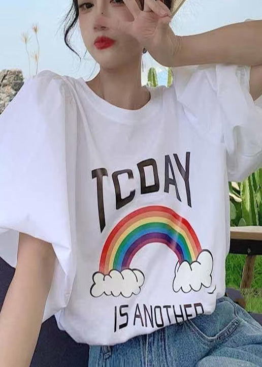 Rainbow Print Cotton T-Shirts Puff Sleeve Summer