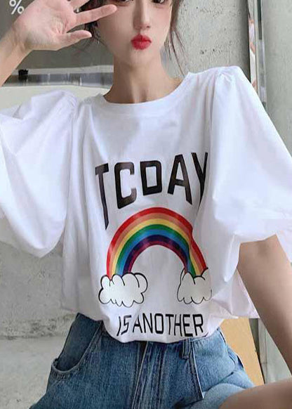 Rainbow Print Cotton T-Shirts Puff Sleeve Summer