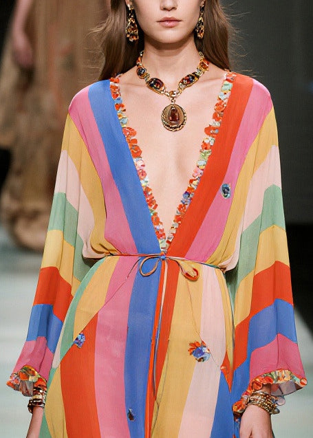 Rainbow Striped Chiffon Beach Dress Ruffled Butterfly Summer