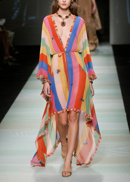 Rainbow Striped Chiffon Beach Dress Ruffled Butterfly Summer