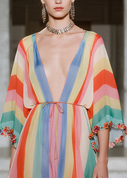 Rainbow Striped Chiffon Beach Dress Ruffled Low High Design Summer