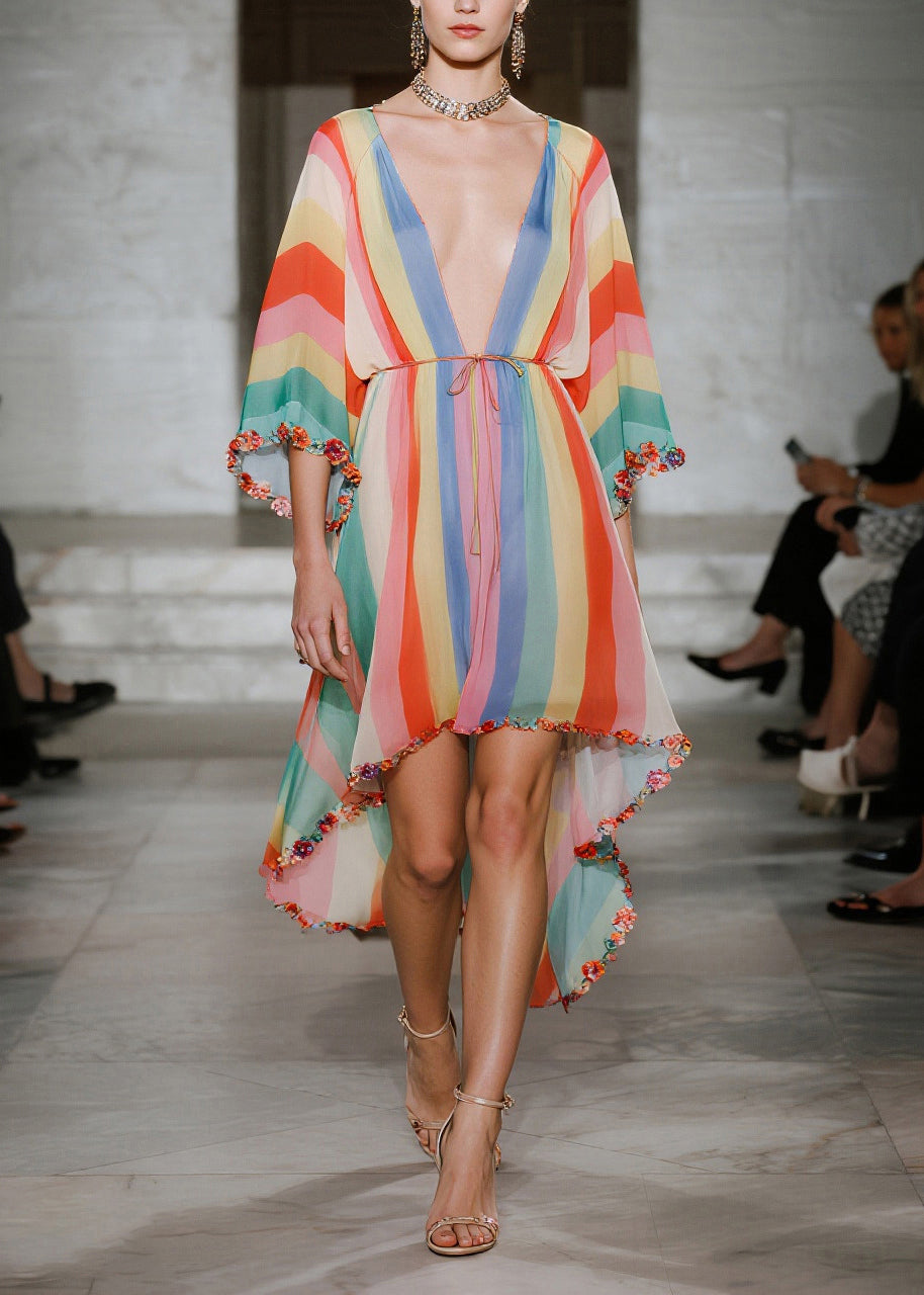 Rainbow Striped Chiffon Beach Dress Ruffled Low High Design Summer