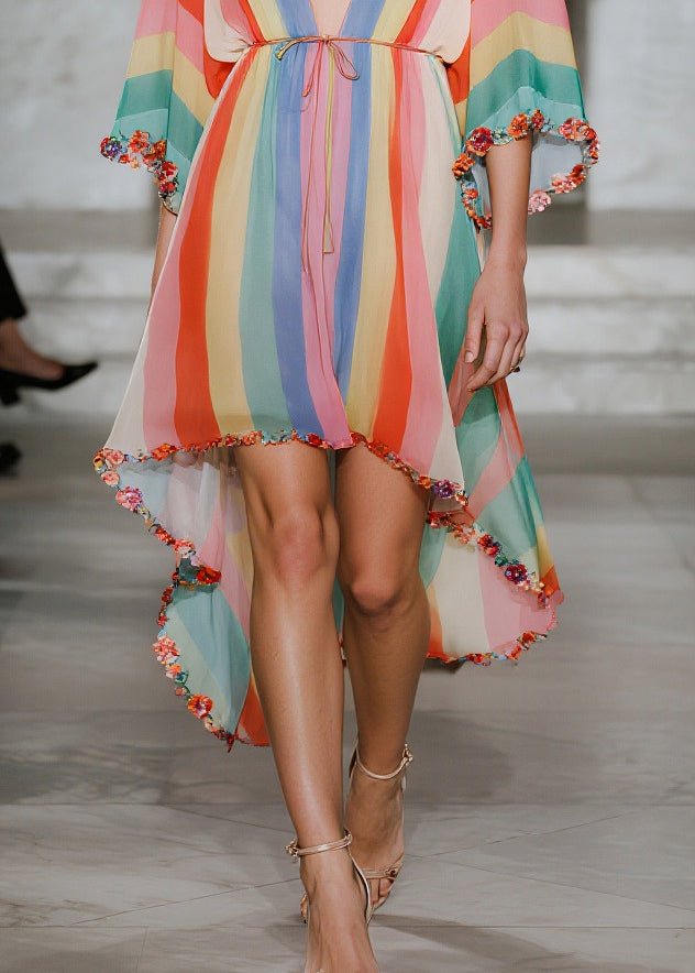 Rainbow Striped Chiffon Beach Dress Ruffled Low High Design Summer