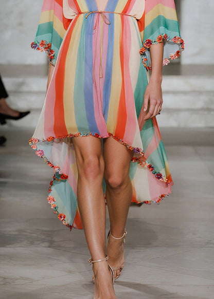 Rainbow Striped Chiffon Beach Dress Ruffled Low High Design Summer