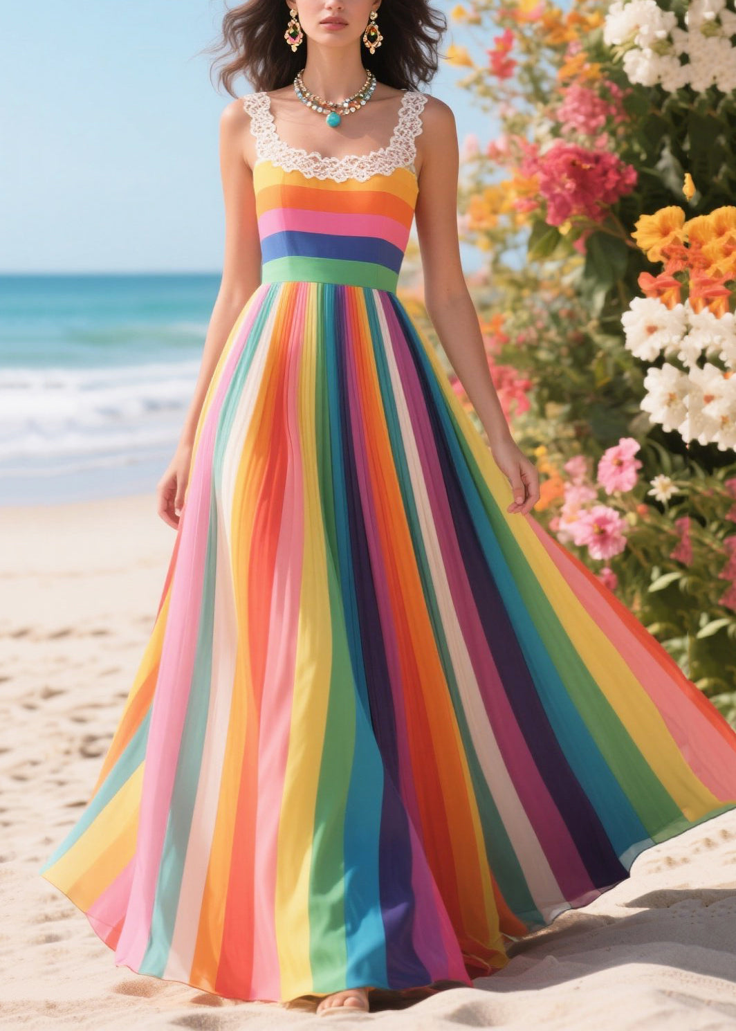 Rainbow Striped Chiffon Cami Dresses Exra Large Hem Summer