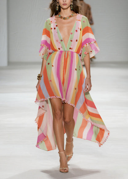 Rainbow Striped Chiffon Party Dress Ruffled Low High Design Summer