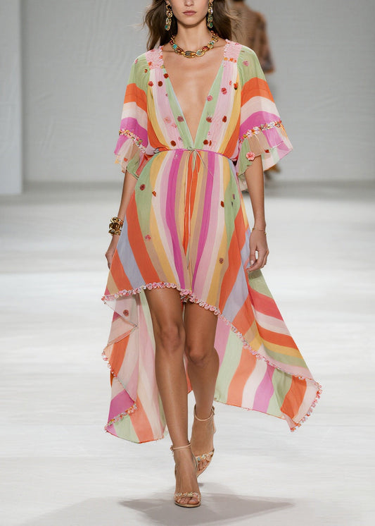 Rainbow Striped Chiffon Party Dress Ruffled Low High Design Summer