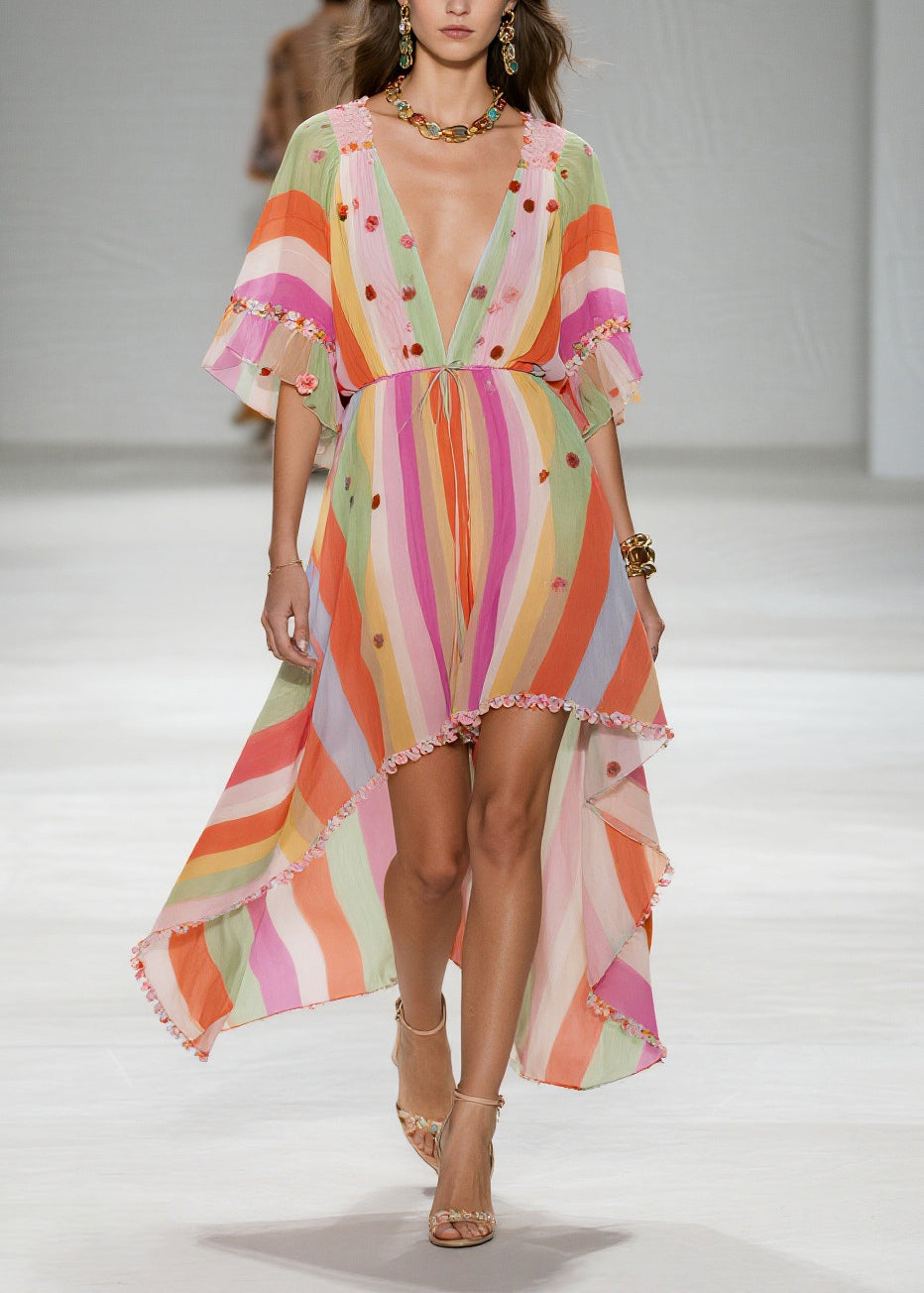 Rainbow Striped Chiffon Party Dress Ruffled Low High Design Summer