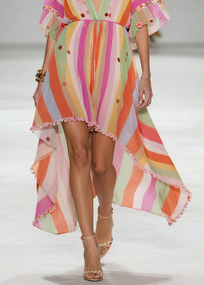 Rainbow Striped Chiffon Party Dress Ruffled Low High Design Summer