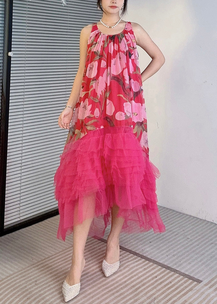 Rote asymmetrische Tüll Patchwork Kleider O-Ausschnitt Sommer