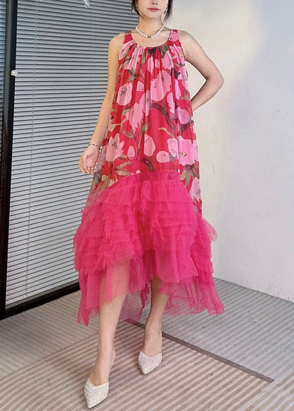 Rote asymmetrische Tüll Patchwork Kleider O-Ausschnitt Sommer