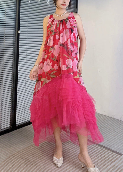 Rote asymmetrische Tüll Patchwork Kleider O-Ausschnitt Sommer