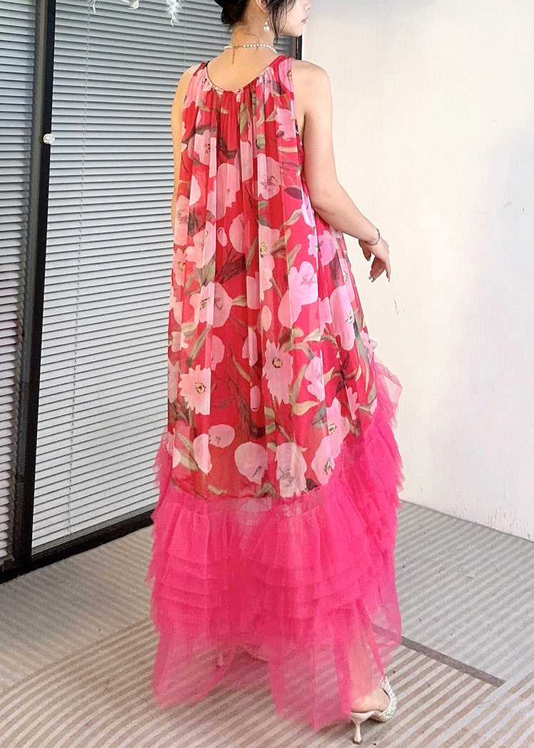 Rote asymmetrische Tüll Patchwork Kleider O-Ausschnitt Sommer
