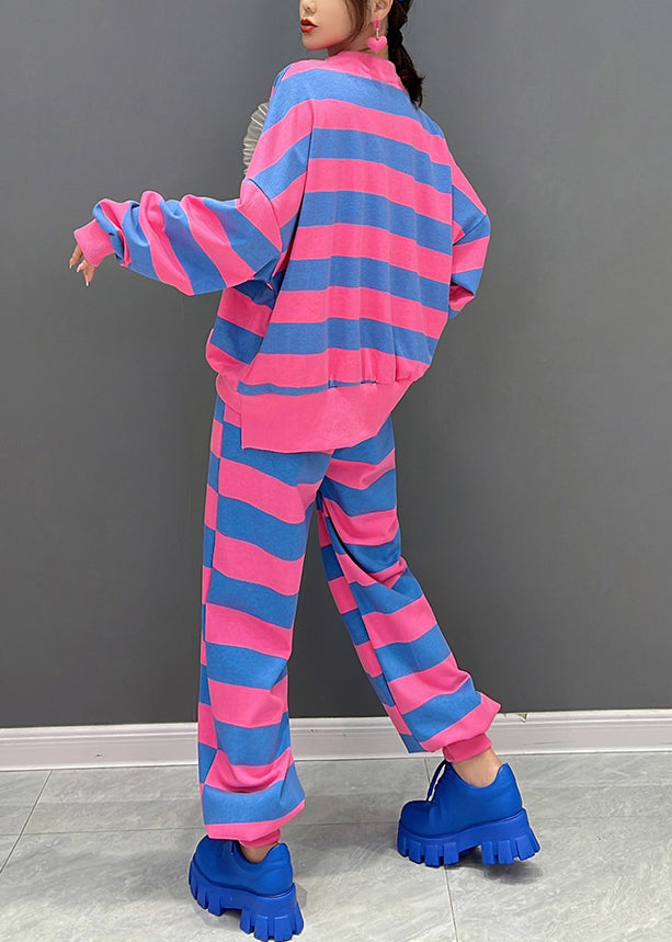 Rot Blau Gestreiften O-Ausschnitt Helle Diamant Top Und Hose Zwei Stücke Set Herbst