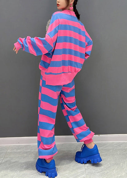 Rot Blau Gestreiften O-Ausschnitt Helle Diamant Top Und Hose Zwei Stücke Set Herbst